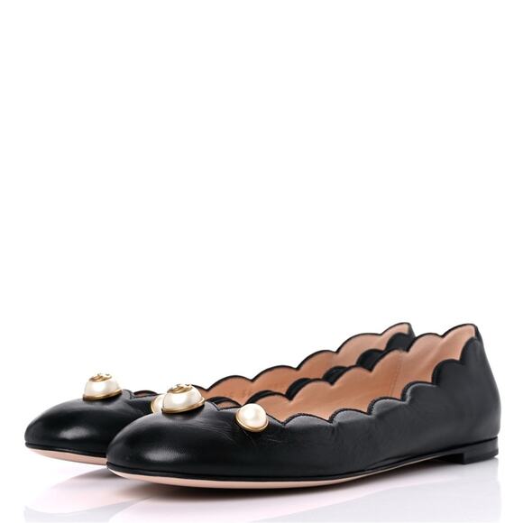 GUCCI Malaga Kid Black Leather Ballet Flats Size 37.5 with Pearls - Picture 1 of 10